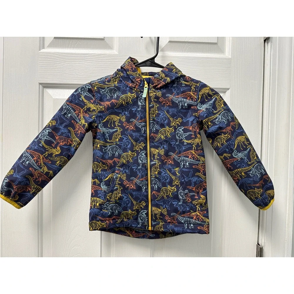 Kids Navy Blue Dinosaur Print Hooded Zip Up Fleece Lined Jacket
